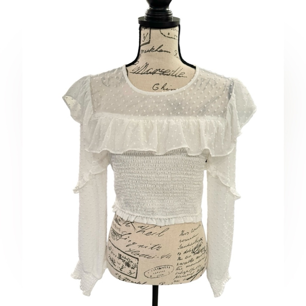 Storia Cropped Ruffle Blouse White Swiss Dot Womens Size Medium - Picture 3 of 11